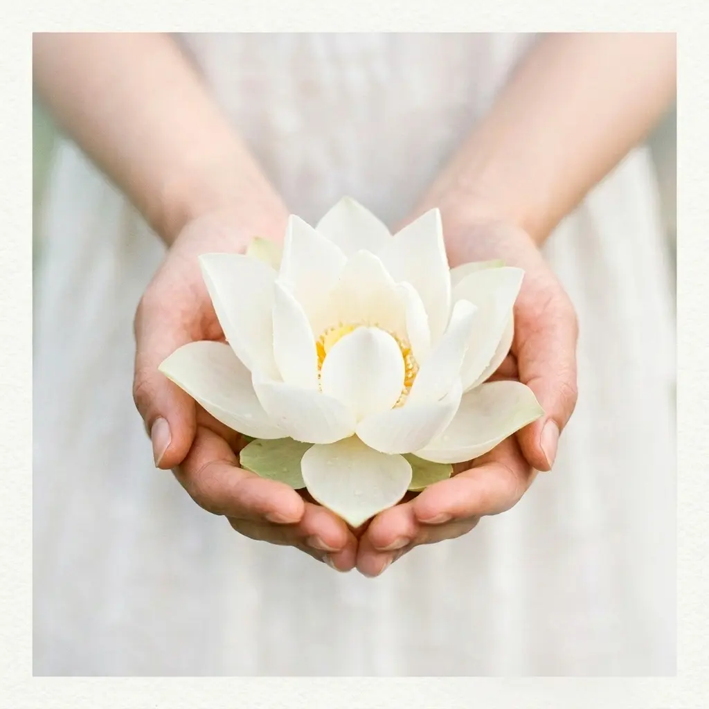 Hands gently holding a white flower